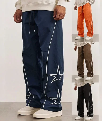 Men Contrast Trim Star Trouser Fashion Casual Pants Streetwear Solid Color Breathable Loose Straight Drawstring Pants