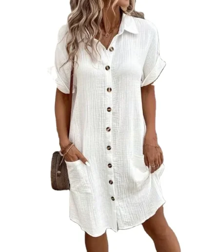 Women's Fashion Summer Minimalist V-neck Button up Dress Woman White Short Sleeved Pocket Casual Loose Shirt Dress