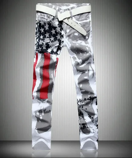 High Street Straight Denim Trousers Men's White Flag Print Jeans Stretch Slim Casual Five-Pointed Star Hip Hop Pants