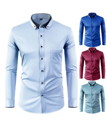 Autumn Men's Long Sleeved Shirts Casual Diamond Buckle Contrasting Collar Design Solid Color Slim Fit Men Shirt
