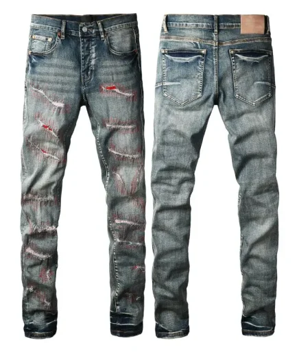 Summer Men's Denim Jeans High Waist Slim Fit Light Gray Distressed Ripped Men's Designer Jeans