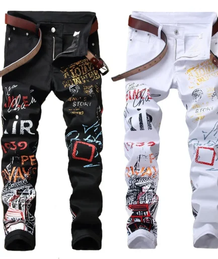 High Street Mens Jeans Fashion Night Club Black White Color Personal Designer Printed Jeans Punk Male Hip Hop Jeans