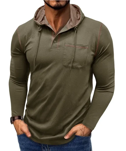 New Men's Long Sleeve T-Shirt Streetwear Hooded Henry Collar Tee Shirt Solid Color Fashion Casual T Shirt with Pocket