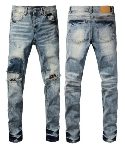High Street Men's Cotton Jeans Slim Fit Straight Pants Mid Waist Breathable Ripped Embroidery Jeans