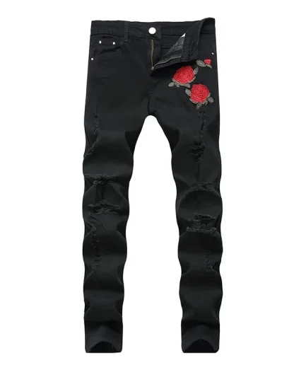 New Black Ripped Jeans with Embroidery Men with Flowers Rose Embroidered Men's Denim Jeans Stretch Skinny Jeans Pants