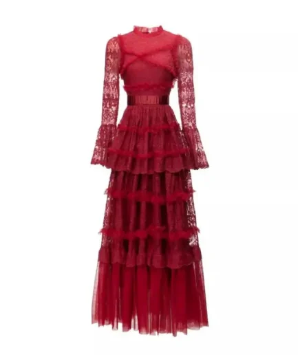 Top Quality Formal Party Long Evening Dress Spring Autumn Wedding Party Women Allover Ruffle Flower Princess Lady Long Dress