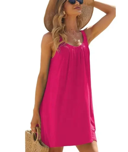 Women Summer Spaghetti Strap Boho Beach Dress Casual Solid Color Loose Elegant Vacation Beach Cami Dress