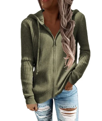 Autumn Women Zipper Cardigan Hoodies Ladies Vintage Casual Loose Long Sleeve Solid Color Knitted Outerwear Hoodies