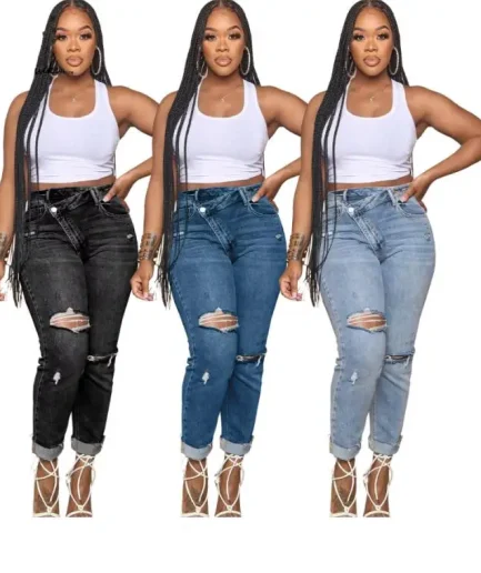 Casual Women's Jeans Distinctive Ripped Oblique Buckle Elastic Mid Waist Women's Denim Jeans