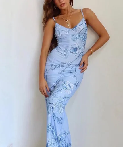 Floral Print Summer Green Dress Womens Fashion Casual Sleeveless V-neck Backless Tunics Bodycon Holiday Beach Dresses