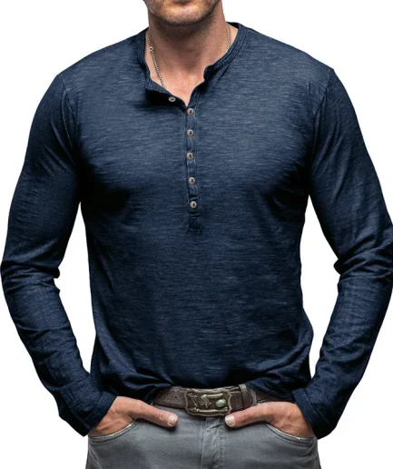 New 100% Cotton Men's Long-sleeved T-shirt Fashion Henry Collar Solid Color Top Tee Street Breathable Outdoor T Shirts