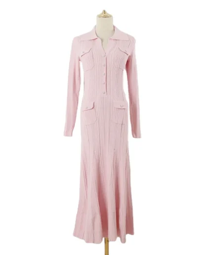 Elegant Knit Maxi Straight Dress Women Slim Single Breasted Pockets Long Sleeve Dresses Spring Lady Casual Solid Dress