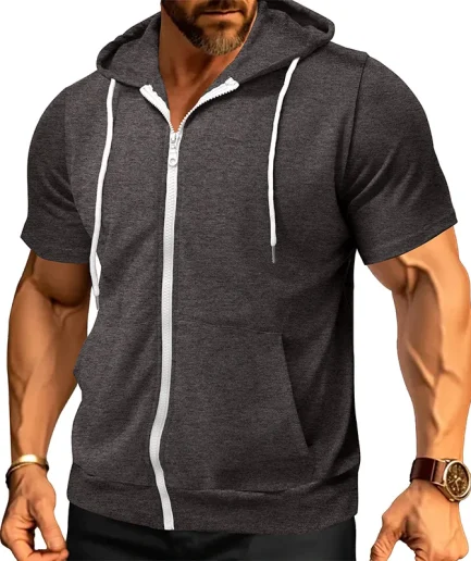 Men Full Zipper Pocket T Shirts Summer Solid Color Short Sleeve Hooded T-shirt with Pockets for Daily Sports T Shirts