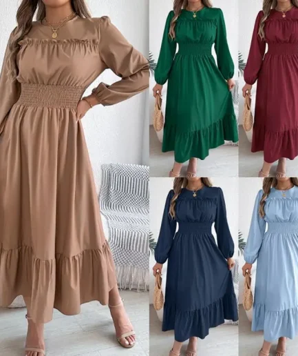 Elegant Lantern Sleeve Ruffle Women's Casual Pleated Dresses Autumn Solid Color Dresses Pretty Dress