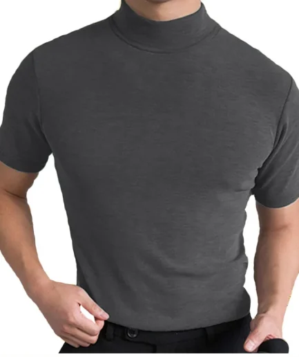 Fashion Men Turtleneck Short Sleeve Slim Fit T-shirts Summer Male Solid Color Skinny Base Tshirts