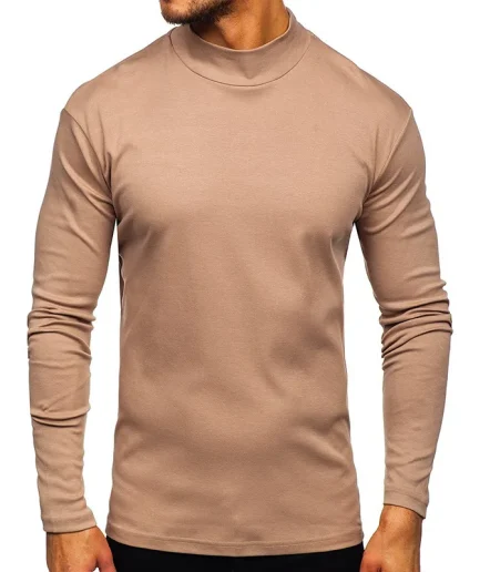 Autumn Men Solid Color T-Shirt Long Sleeve Mock Neck Pullovers Soft Warm Tees Tops Slim Fit T Shirt Male Clothes
