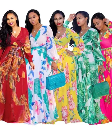 Floral Design Loose African Print Chiffon Dress Women Casual Dresses Print V-neck Elegant Ladies Long Sleeve Dresses for Ladi