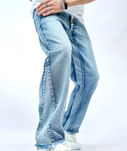 High Street Men's Denim Pants Simple Zipper Splice Regular Pockets Jeans Casual Loose Straight Denim Trousers