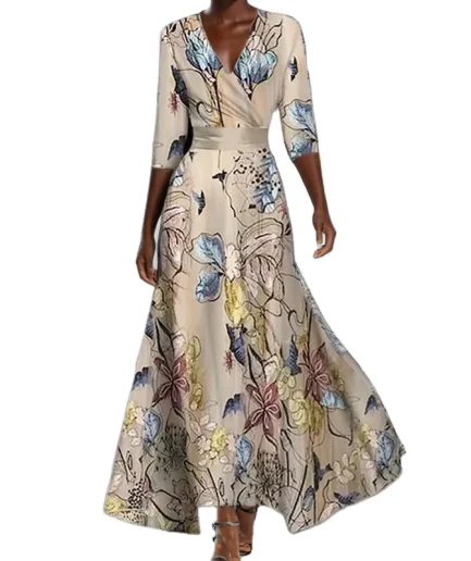 Summer Women Fashion V Neck Belted Party Long Dress Sexy Printing Boho Maxi Dresses Short Sleeve Pocket Female Dress