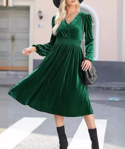 Autumn Elegant Wrap V Neck High Waist Dress Velvet Lantern Sleeve Sexy Women Midi Ruffle  Dresses
