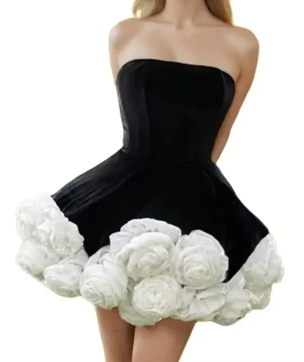 Spring Summer Dress Princess Style Elegant Sweet Strapless 3D Flower Dress Short Dress for Women
