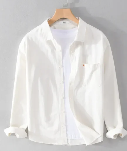 Trendy Men's Embroidered 100% Cotton Shirt Casual Long Sleeve Solid Color Tops Simple Design Shirts for Men 5 Colors