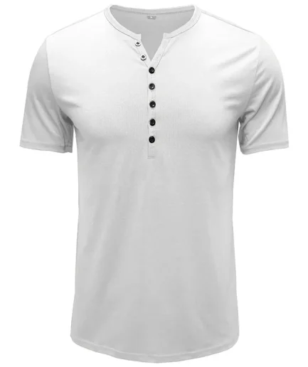 Summer Fashion Henry Collar Button T Shirt Casual Solid Color New Short-sleeved Top Tee Streetwear Sport Tshirt