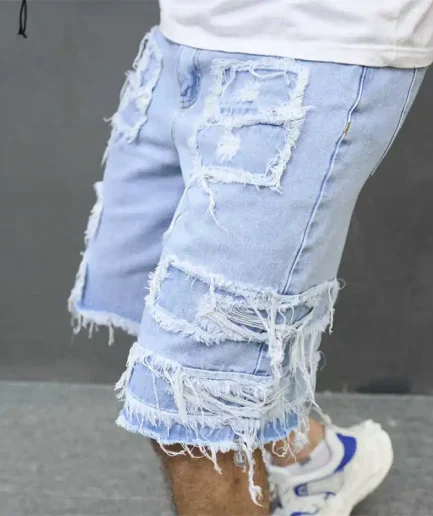 High-Streets Summer Ripped Denim Shorts Casual Mid Waist Hole Knee Length Washed Jeans Loose Fit Hip Hop Short Pants