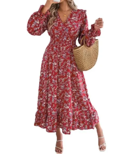 Fashion Flower Pattern Women's Spring Autumn Waist Slimming Elegant Eid Ramadan Islam Muslim Loose Long Casual Dress