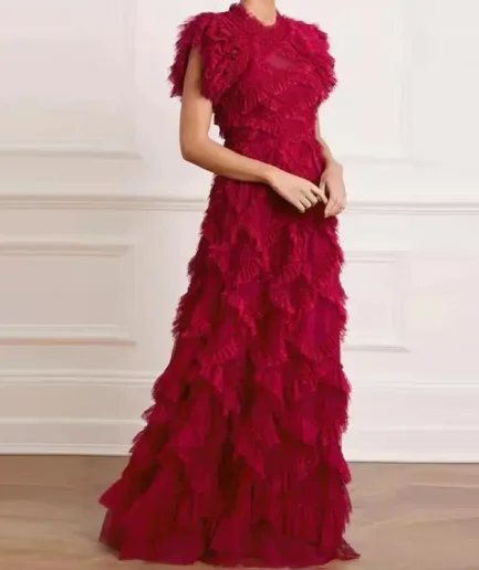 Top Quality Autumn Long Party Wedding Women Cascading Ruffle Mesh Flower Patterns Elegant Red Apricot Pink Dress