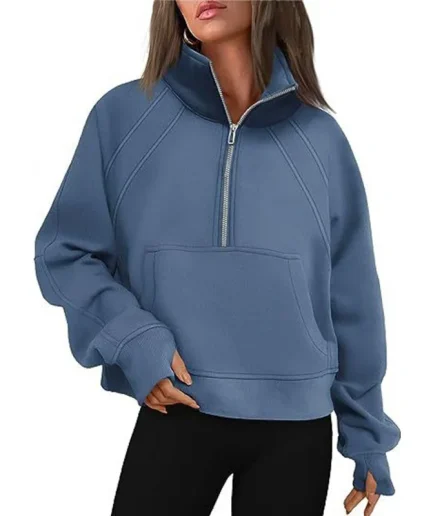 New Women's Half Zip Short Standing Neck Plush Sweatshirt Solid Autumn Hoodies Oversize Pullover Street Sweatshirt