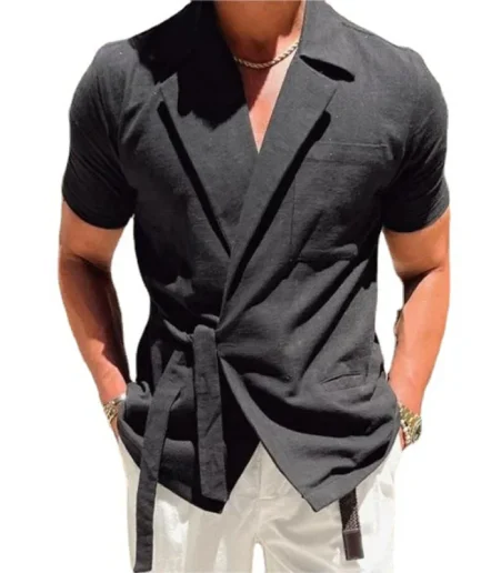 Summer Solid Color Short-sleeved Shirt Suit Lapel Strap French Elegant Gentleman Loose Casual Simple Top Men's Shirts