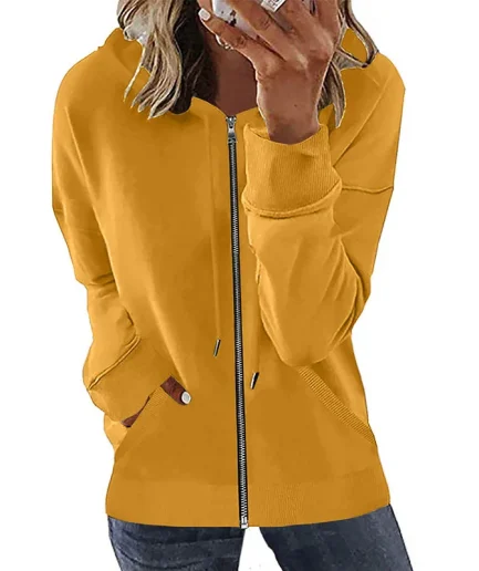 Women Hoodie Sweatshirt Spring Autumn Long Lantern Sleeve Solid Zip up Loose Hooded Sweatshirt for Women