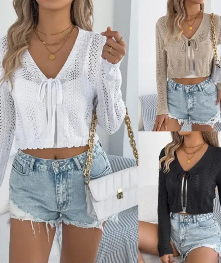 Autumn Europe and America Leisure Lace-up Hollowed Out Long Sleeves Knitted Sweater Cardigan Coat Women's Jacket