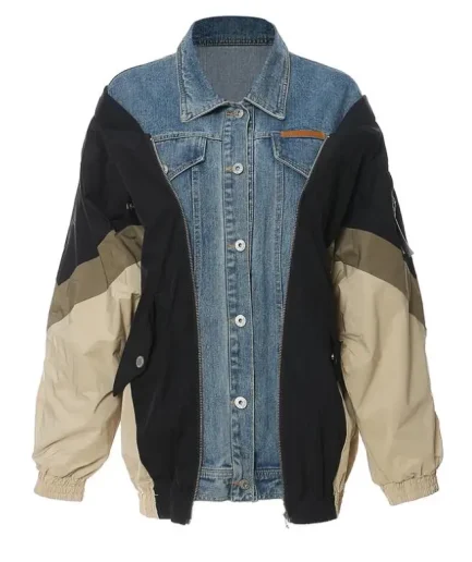New Unique Stylish Stitching Contrast Color Patchwork Loose Baseball Uniform Winter Denim Women Jackets