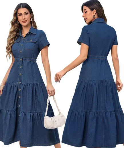 Women's New Dress Streetwear Single Breasted Casual Y2k Maxi High Waist Dresses a Line Turn Down Collar Long Dress