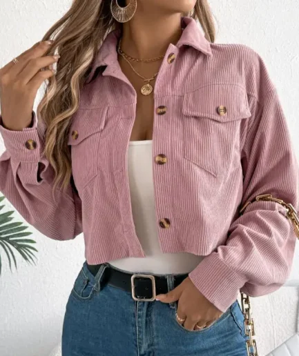 Women's Casual Long Sleeve Corduroy Short Jacket European American Style Solid for Autumn Winter Short Coat