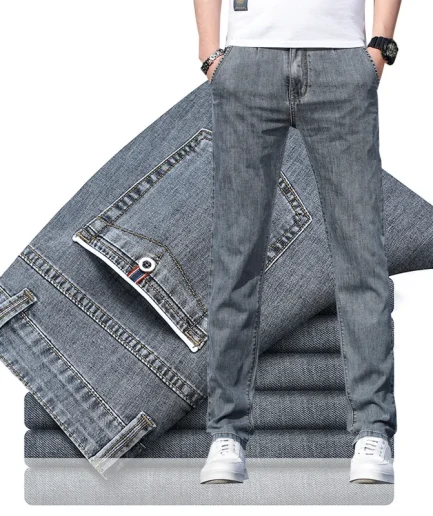 Summer New Men's Loose Stretch Gray Jeans Fashion Casual Stretch Straight-leg Solid Color Men Denim Pants