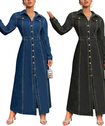 Spring Women Long Denim Dress Turn Down Collar Elegant Work Splice Dresses Streetwear Single Breasted a Line Y2k Dress