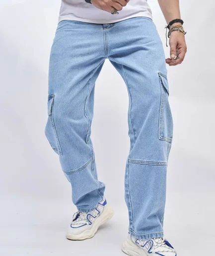 Trendy Men's New Style Solid Color Multi-pocket Jeans Loose High Street Wide-leg Fashionable All-match Long Jeans