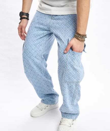 High Street Men's Jeans Casual Straight Leg Blue Male Denim Pants  Loose Street Hip Hop Long Jeans with Pocket