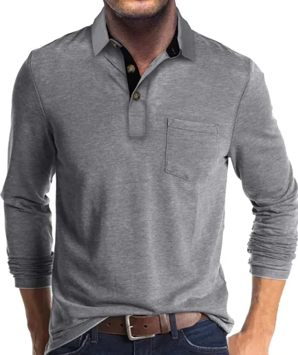 Trend Men's Long Sleeve  Polo Shirts Casual Solid Lapel Button up Pullover Turn Down Collar Bottoming Polo Shirt