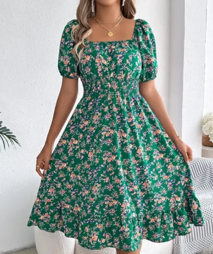New Spring Summer Europe America Floral Patterns Square Neckline Short-sleeved Shirt A-line Skirt Batwing Hem A-shaped Dresses