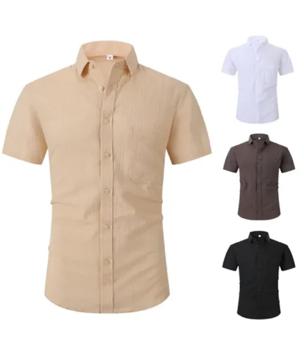 Hot Sale Men's Short-Sleeved Shirts Summer Solid Color Turn-down Collar Casual Beach Style Breathable Men Shirts