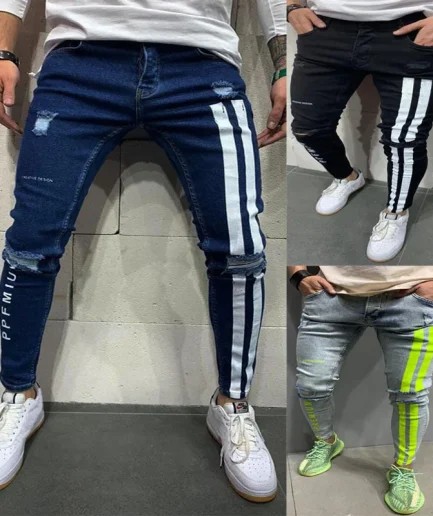 Fashion Streetwear Men Jeans Vintage Blue Color Thin Destroyed Ripped Jeans Broken Punk Pants  Hip Hop Jeans Men