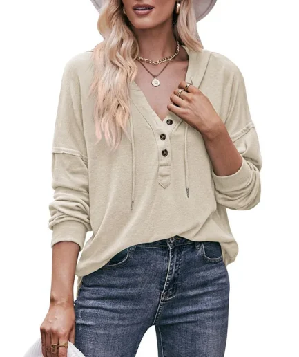 Autumn New Solid Color Long Sleeve V-Neck Hoodie Casual Loose Female Pullover Hooded Sweatshirts Ladies Hoodies