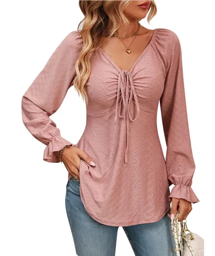 Fashion a Line Women Blouse Sexy V-Neck Drawstring Waist Long Sleeve Shirt Lady Elegant Autumn Shirts