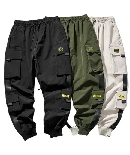 Hip Hop Pocket Male Trousers New Joggers Cargo Pants for Men Streetwear Ribbons Techwear Pants