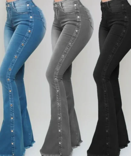 High Waisted Stretch Women Flare Jeans Wide Leg Butt-lifted Casual Korean Skinny Bell Bottom Pocket Trousers