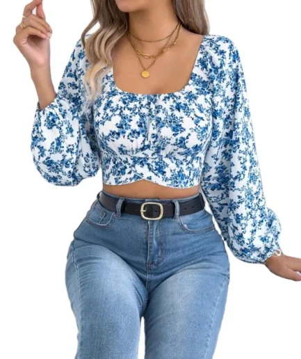 Elegant Women's Floral Chiffon Top Long Sleeve Blouse Shirt Bow Sexy Cropped Tops for Resort Style T Shirt